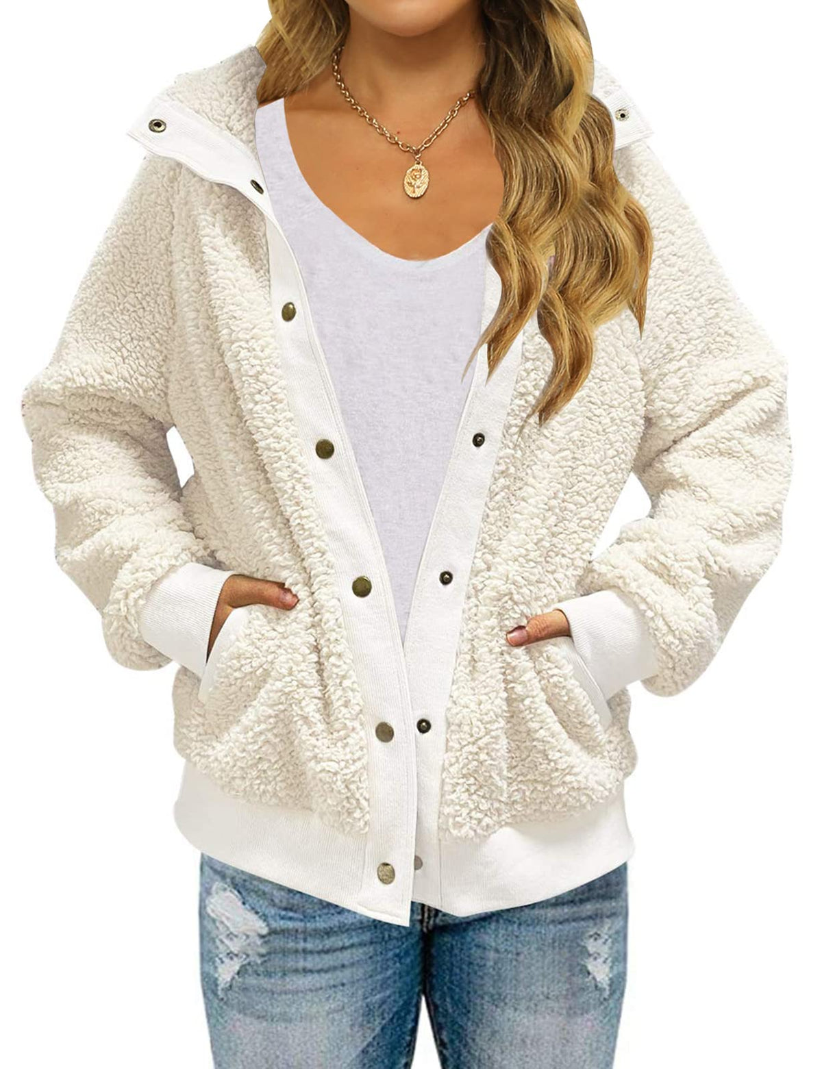 Women's Sherpa Fleece Jacket, Snap Button Fuzzy Teddy Coat with Pockets
